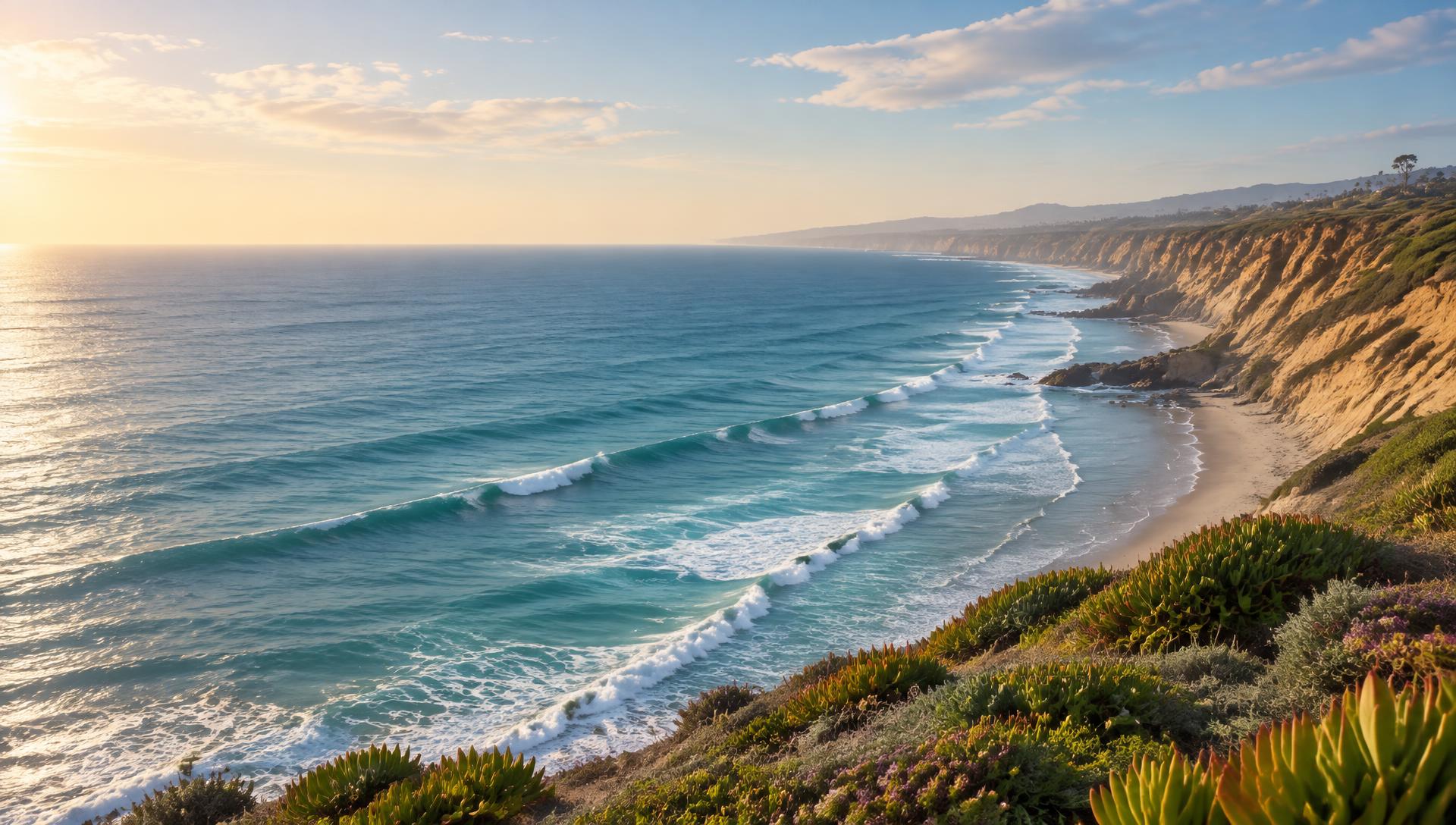 Sunlit Pacific coastline and coastal bluffs near Encinitas
